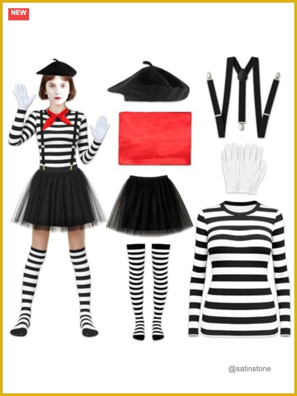 Mime Costume Set 7 Pcs French Mime Artist Halloween Cosplay Outfit
